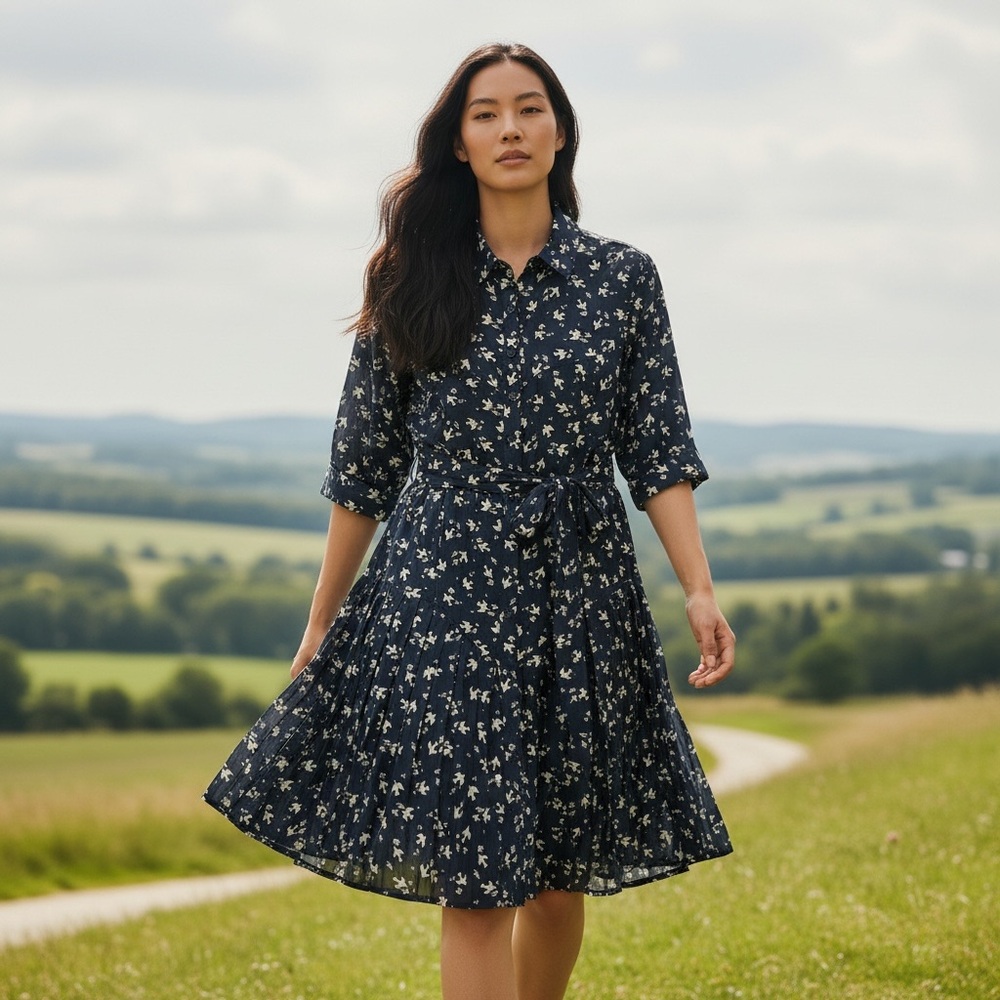 Line & Dot Blue Bird Print Pleated Dress Sz L Cotton Silk Flare Flowy Feminine